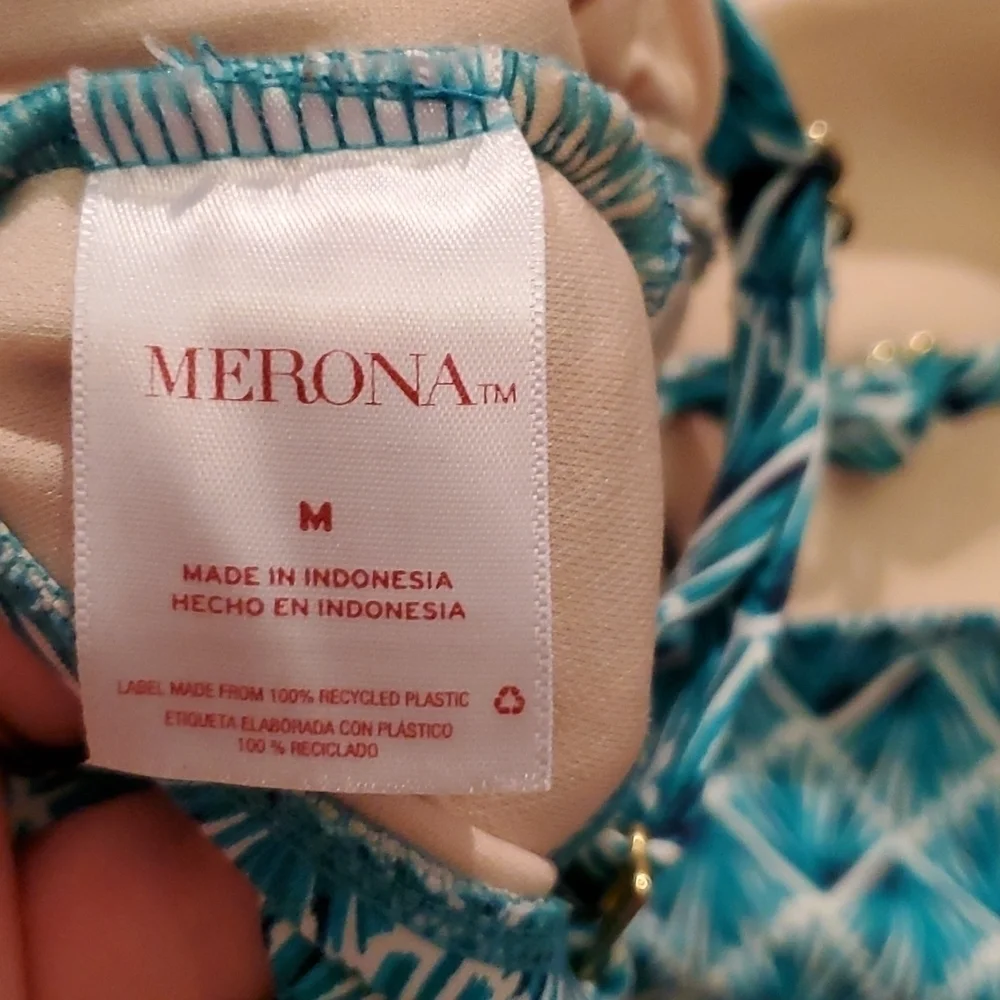 Merona Tankini Top  Womens Medium Swimsuit Blue Green Palm Tree Style Pattern - Picture 9 of 9